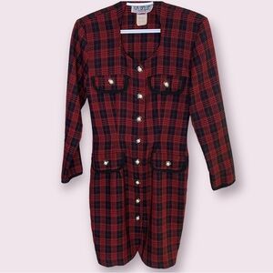 80s Vintage Black and Red Plaid Midi Dress Size Small